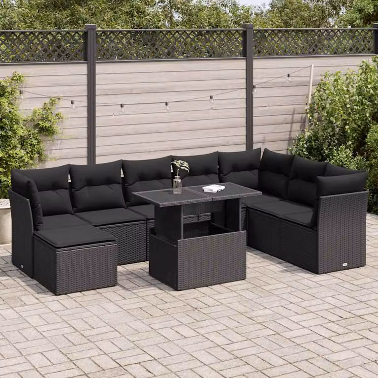 Set Divani da Giardino vidaXL 9 pz a Forma a U in Polyrattan Nero con Cuscini e Tavolino
