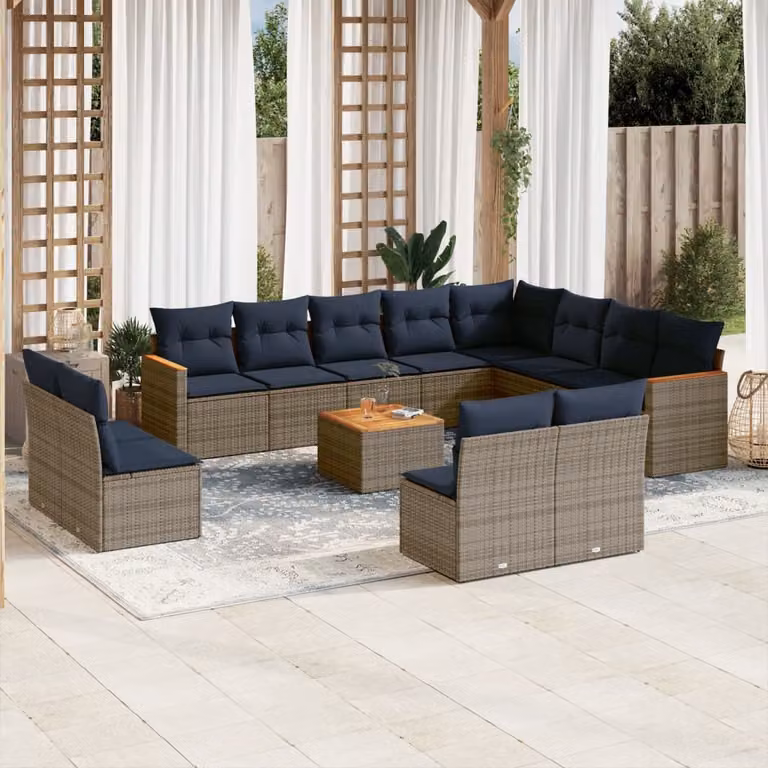 Set di divani da giardino vidaXL 13 pezzi in polyrattan con cuscini grigi e blu e struttura in legno di acacia oliato