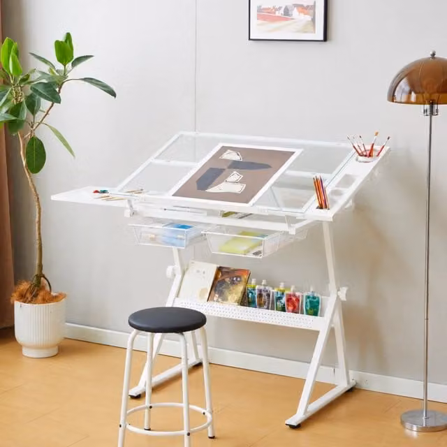 Tavolo da disegno regolabile in acciaio bianco