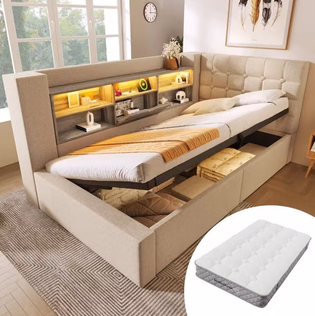 Letto imbottito 90x200 beige con materasso H3, LED, ricarica USB e contenitore