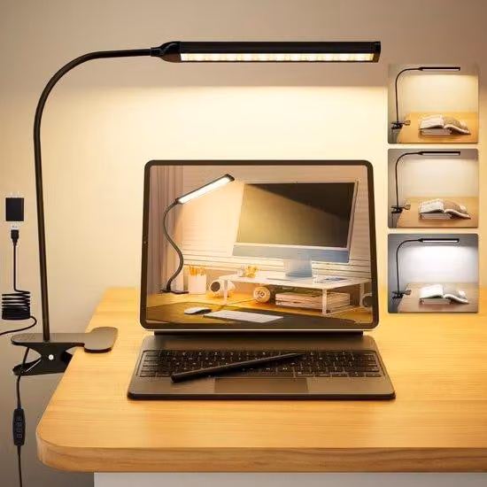 Lampada a LED con clip, dimmerabile, dotata di un braccio flessibile a forma di cigno lungo 70 cm, con 3 temperature di colore e 10 livelli di luminosità, porta USB, rotazione a 360°, adatta per proteggere gli occhi, a basso consumo energetico