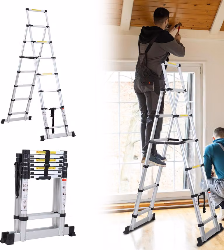 Jayseuw scala telescopica professionale 2.3M in alluminio argento portata 150 kg scala multiuso piedini in gomma antiscivolo