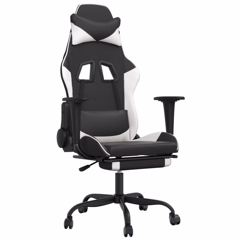Sedia Gaming Massaggiante Poggiapiedi Nero e Bianco Pelle finta
