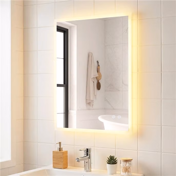 Specchio da bagno Costway a parete rettangolare in vetro temperato bianco con LED dimmerabile, anti-appannamento e funzione memoria, L: 70 cm, H: 50 cm