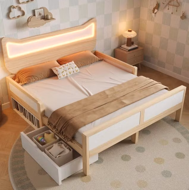 Letto bambini 140x200 cm con testiera a gatto; LED RGB; cassetto e vano contenitore; bianco e rovere