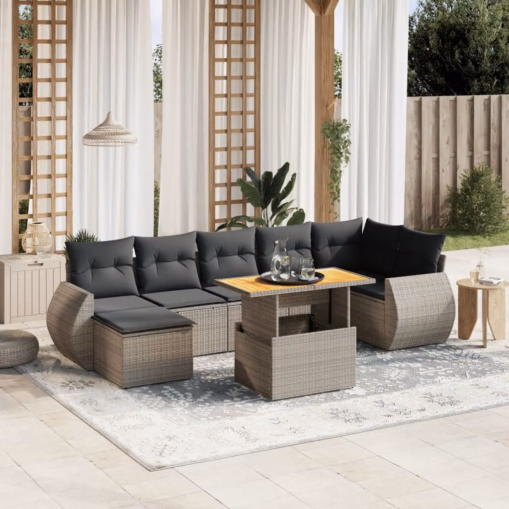 vidaXL Set Divano da Giardino a L 8 pz in Polyrattan Grigio con Cuscini e Tavolino – 1