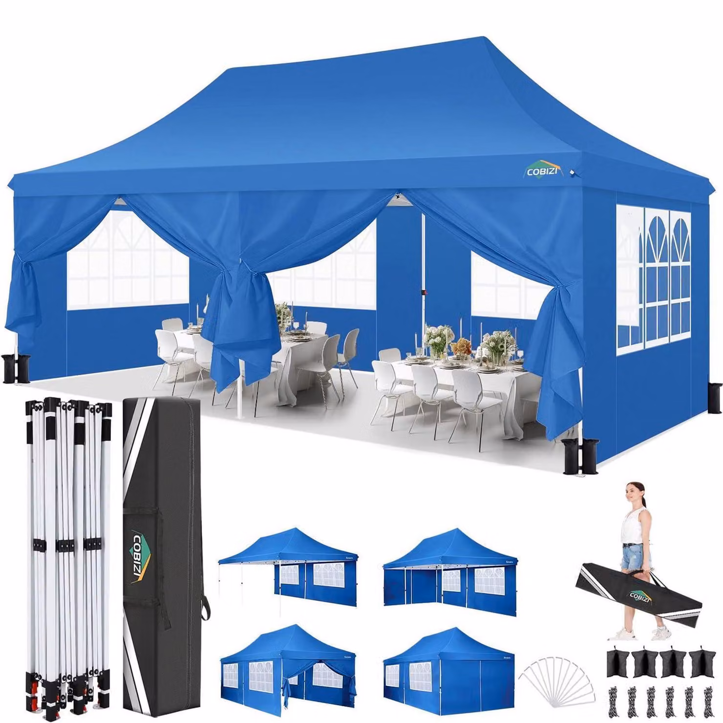 Gazebo da esterno 3x6 metri, colore blu, impermeabile, con protezione anti-UV e dotato di 6 pareti laterali