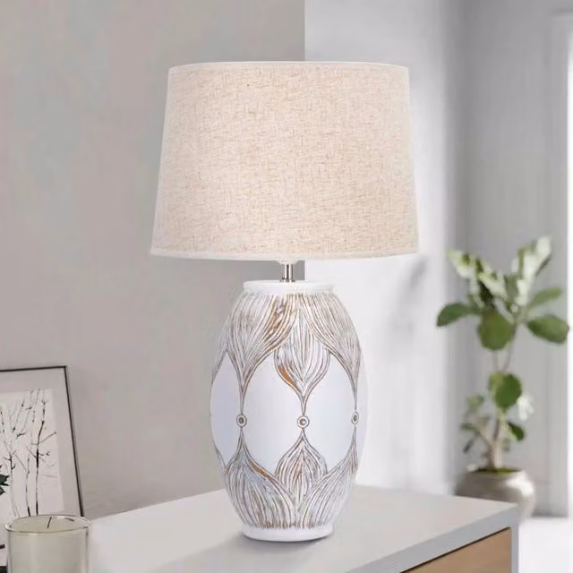 Lampada da tavolo Batabaga in ceramica e tessuto, bianco e beige, con lampadina E27 sostituibile – 1