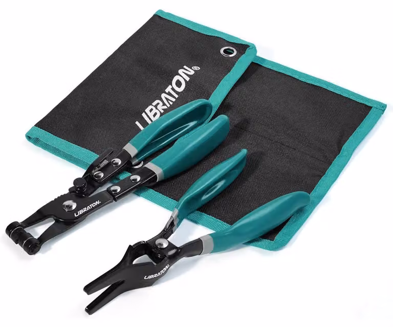 Set di pinze per fascette stringitubo, composto da 2 pezzi: pinza per montare e smontare fascette e strumento per rimuovere le fascette, con custodia