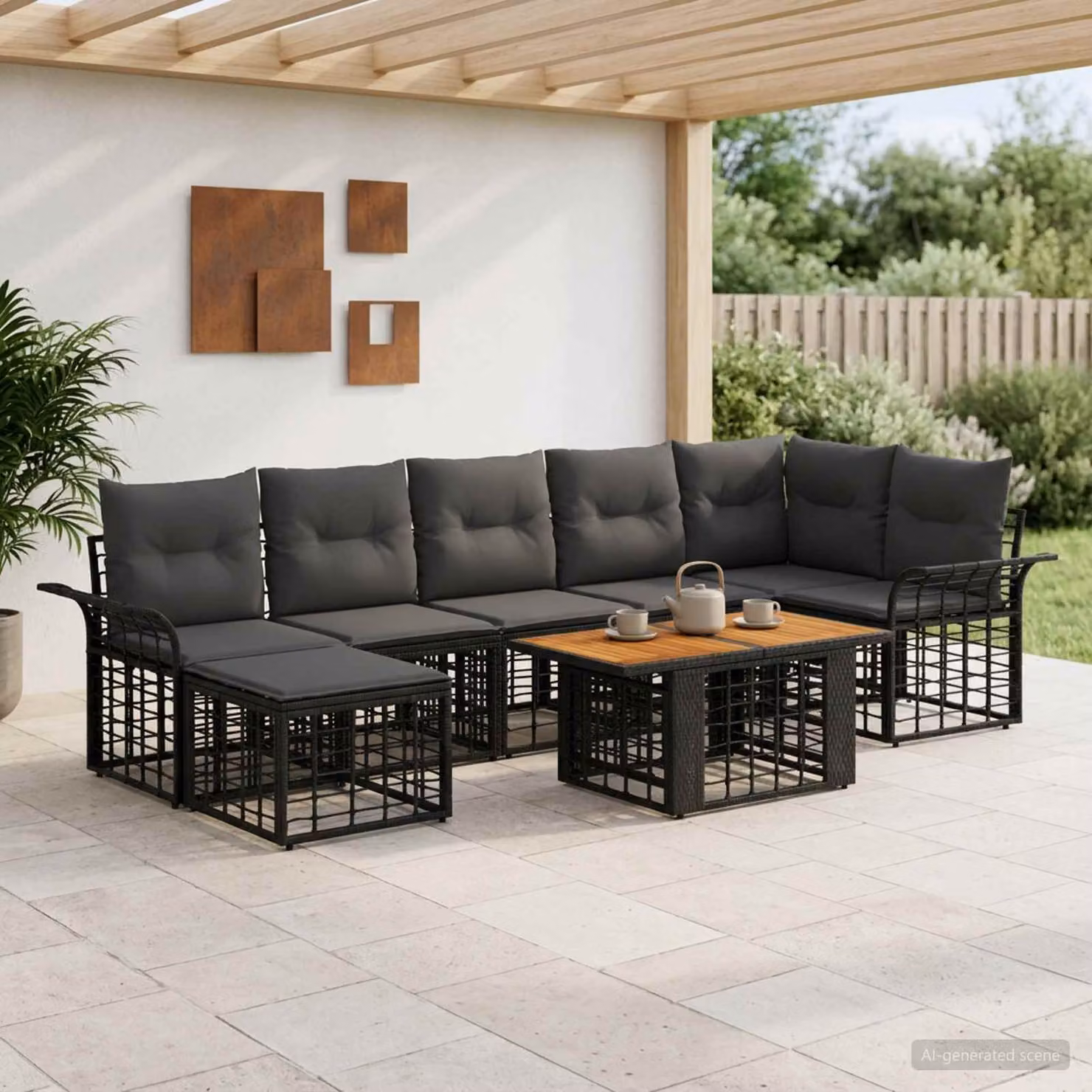 Set Divano da Giardino vidaXL 8 Pezzi a Forma di L con Tavolino e Pouf, Colore Nero e Grigio, Struttura in Metallo e Polyrattan con Cuscini Inclusi