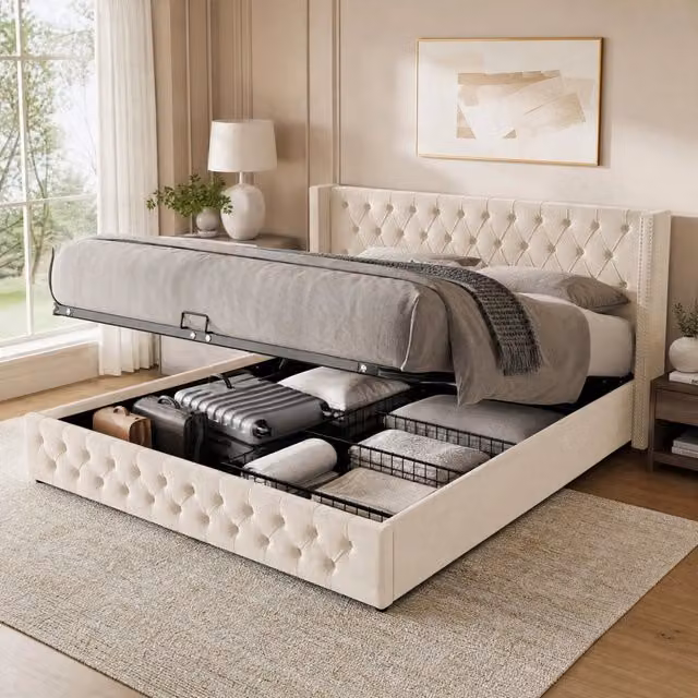 Letto imbottito contenitore Chesterfield 180x200 cm in velluto beige