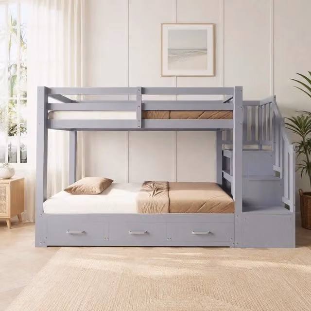 Letto a castello multifunzione 90x200 cm con letto estraibile e cassetti; grigio