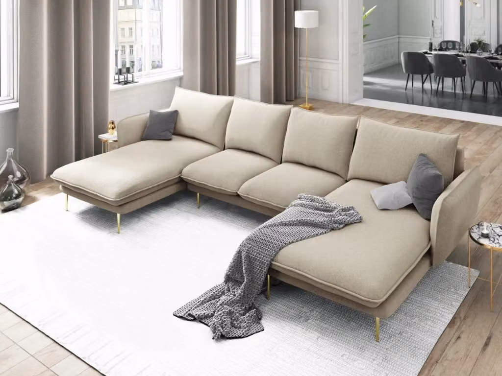 Divano panoramico Vienna da 6 posti Cosmopolitan Design in tessuto beige con struttura in metallo e forma a U – 2