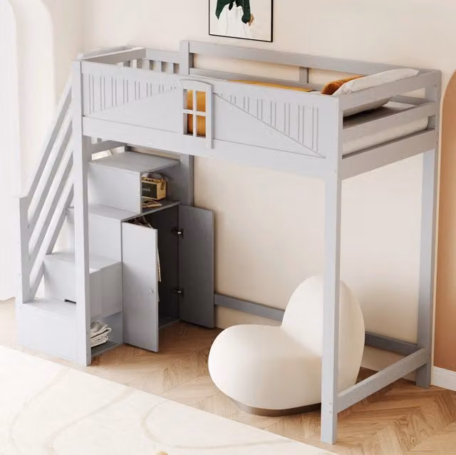 Letto a castello REDOM per bambini in legno massello laccato grigio con scala a gradini e scomparti laterali L/P/H: 200 x 90 x 65 cm