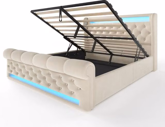 Letto matrimoniale imbottito moderno 140x200 cm in velluto beige con LED, contenitore idraulico e stazione di ricarica USB + Type-C (senza materasso)