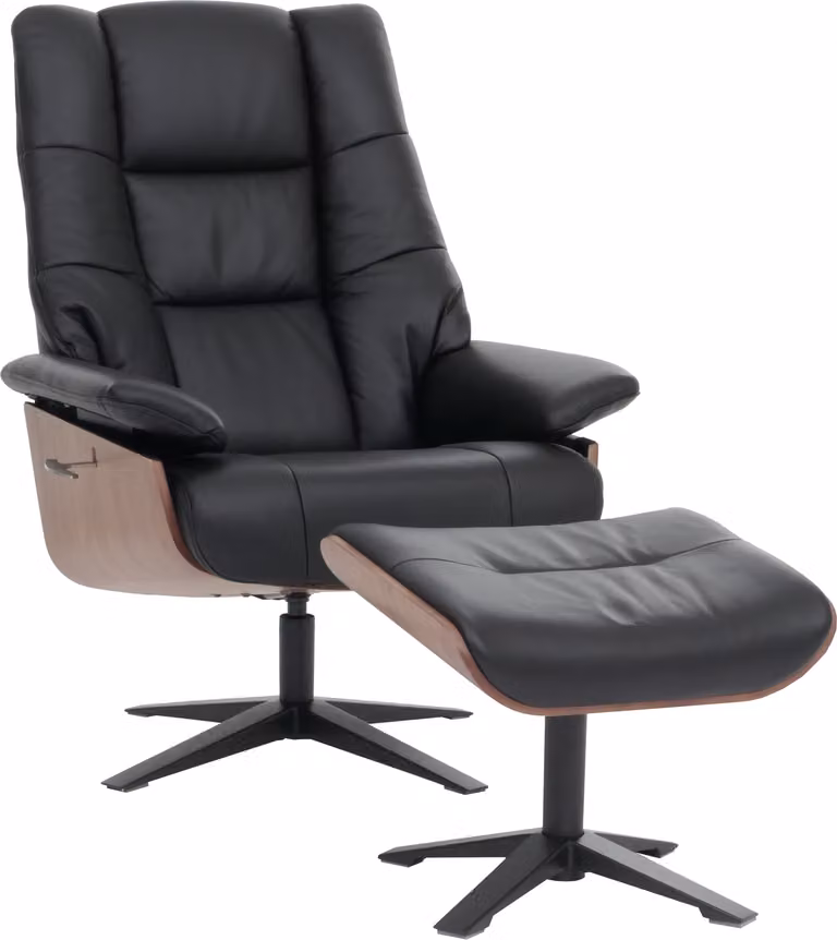MCA recliner + sgabello HWC-N57, poltrona reclinabile, legno vera pelle ~ nero