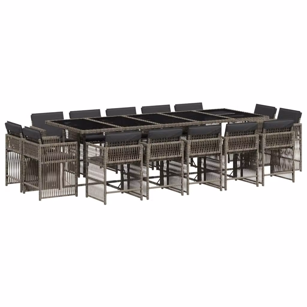 Set da Pranzo da Giardino 15 pz con Cuscini Grigio Polyrattan