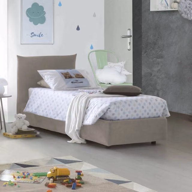 Letto singolo contenitore Alisech Talamo Italia con rivestimento in tessuto beige, adatto per materasso 80x190 cm