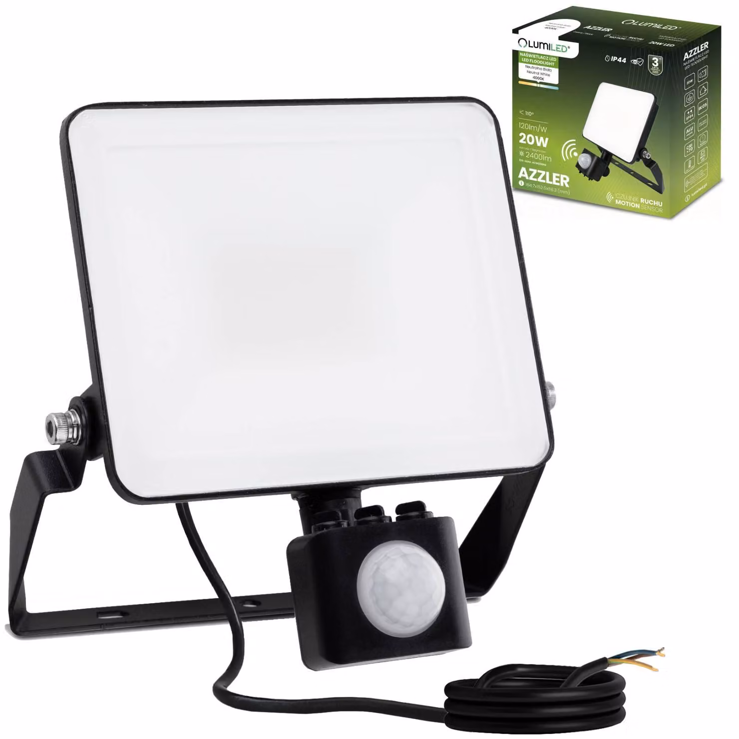 LUMILED Faretto a LED 20W super luminoso per esterno con sensore di movimento 2400 Lum Lumen Proiettore a LED per esterno IP44 IK05 resistente agli spruzzi 4000K bianco neutro proiettore proiettori neri proiettori