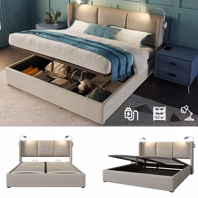 Letto Matrimoniale 160x200 con Contenitore in Tessuto di Lino Beige; Testiera con Luce di Lettura e USB