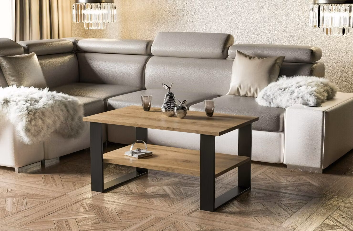 Tavolino da salotto Endo-Möbel Inga 110x65x53 cm con base a slitta e ripiano (rovere Wotan)