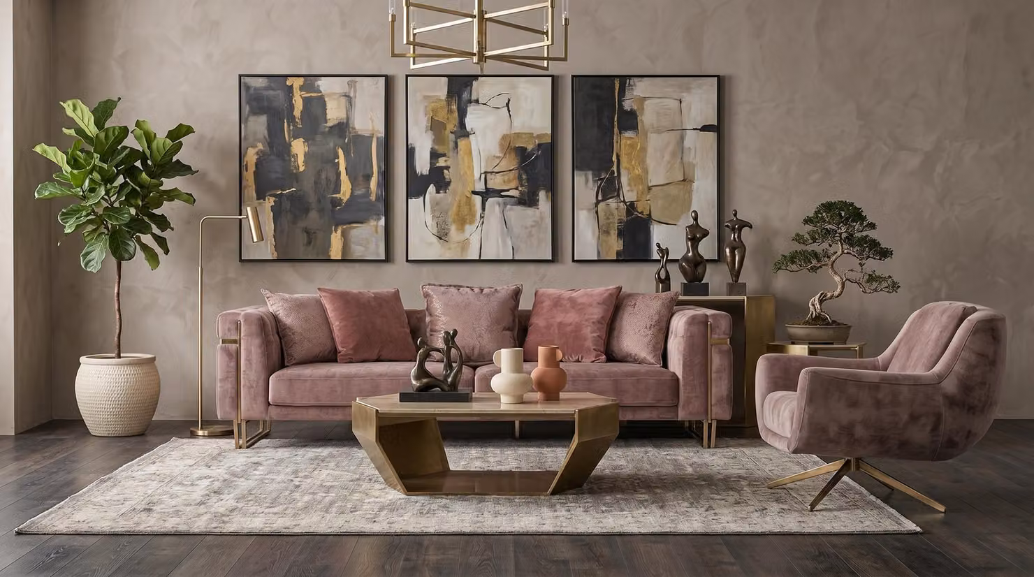 Wohnzimmer Set 3 Sitzer Sofa Sessel Modern Rosa Harmonisch