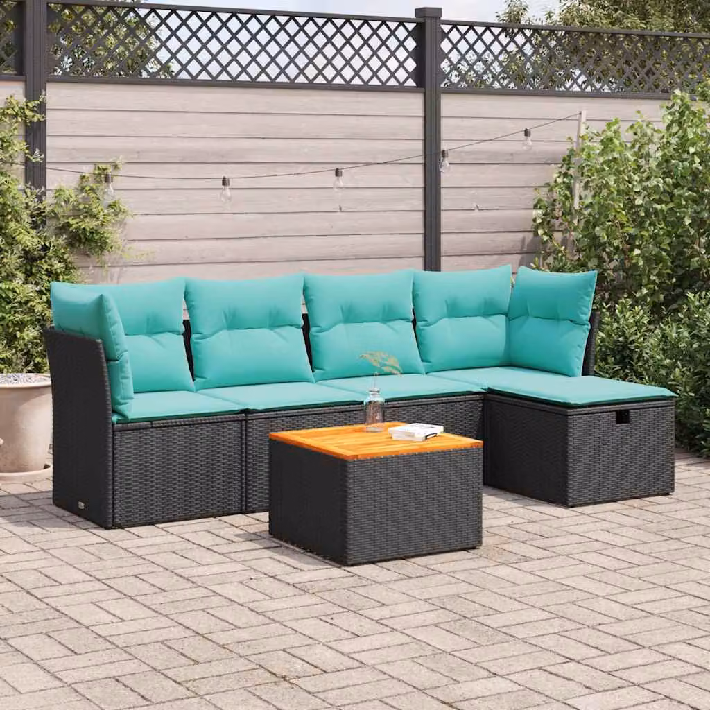 Set Divano da Giardino vidaXL 6 pz a L con Cuscini e Tavolino, Polyrattan e Acciaio, Nero