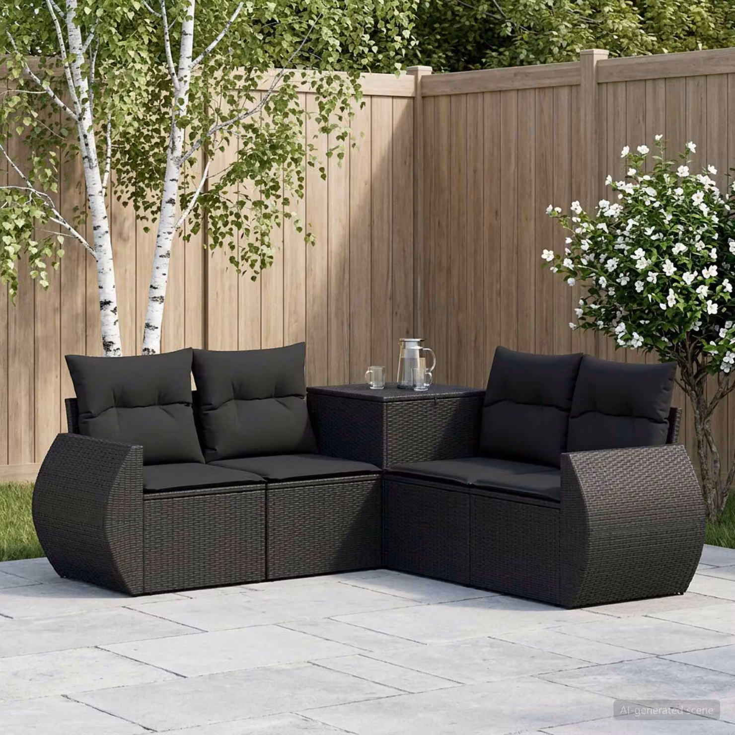 Set di divani da giardino vidaXL a forma di L con cuscini, in rattan sintetico e acciaio, colore nero
