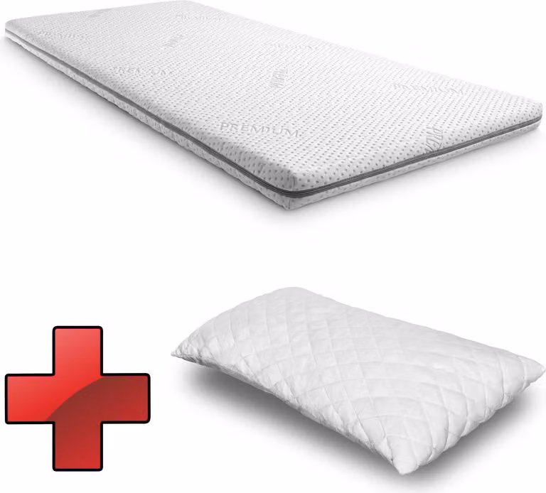 Materasso topper in schiuma a cellule aperte, modello "Supportho Premium", dimensioni 100 x 200 cm, altezza 8 cm, livello di rigidità H3, con rivestimento antibatterico + Cuscino "CloudComfort Basic" con microcapsule di gel, dimensioni 40 x 80 cm