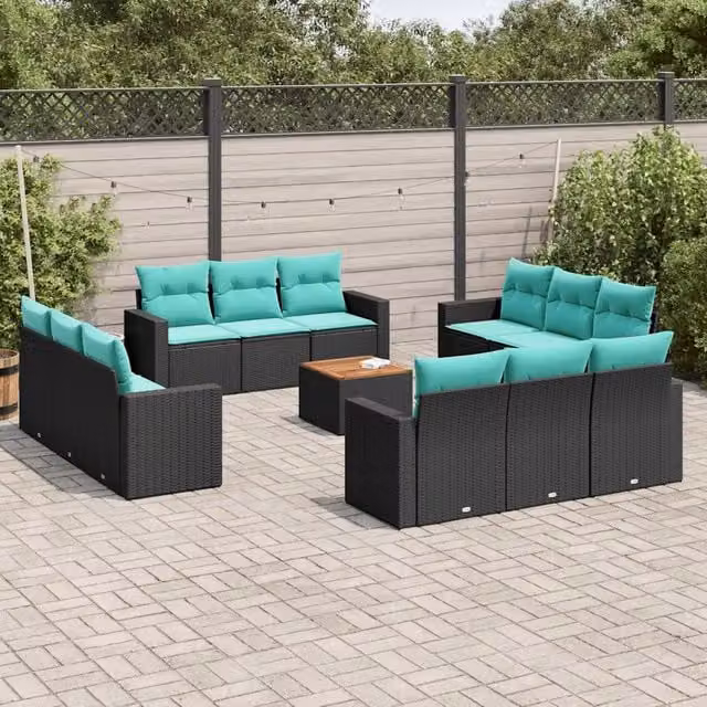Set di Divani da Giardino a Forma di U vidaXL in Polyrattan Nero con Cuscini e Tavolino da Esterno