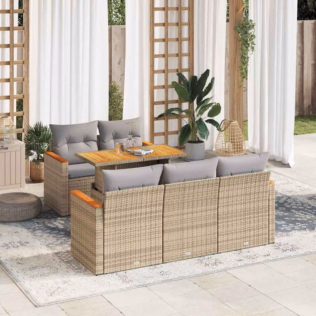 Set Divano da Giardino vidaXL 6 pz in Polyrattan e Legno di Acacia con Cuscini Beige e Grigio, Design Moderno a L con Tavolino da Caffè