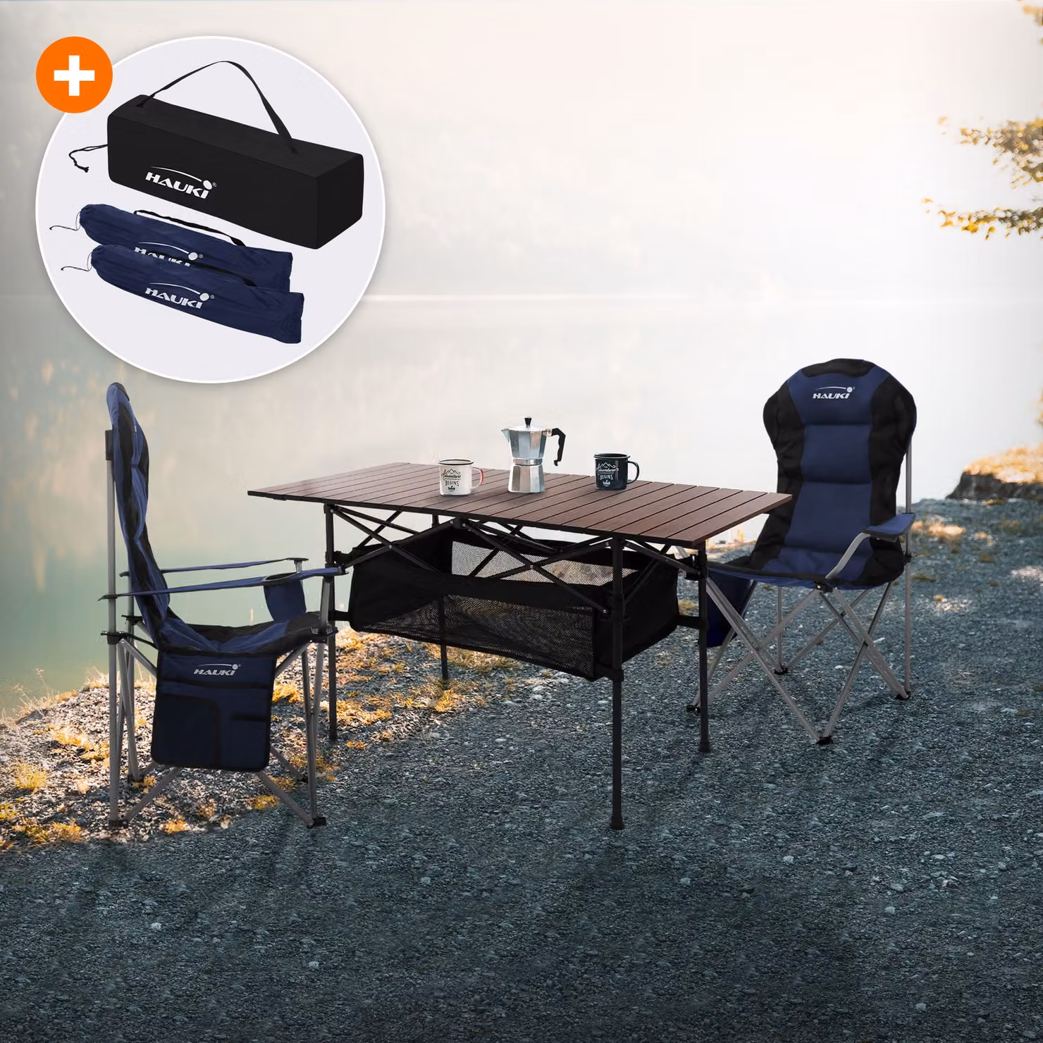 Set di mobili da campeggio Hauki 3 pezzi, tavolo pieghevole marrone con 2 sedie da campeggio blu, inclusa borsa di trasporto