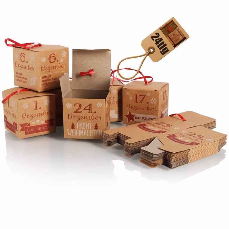 Calendario dell'Avvento da riempire, modello 24 caselle, scatole pieghevoli, 6x6x6 cm, colore marrone/rosso
