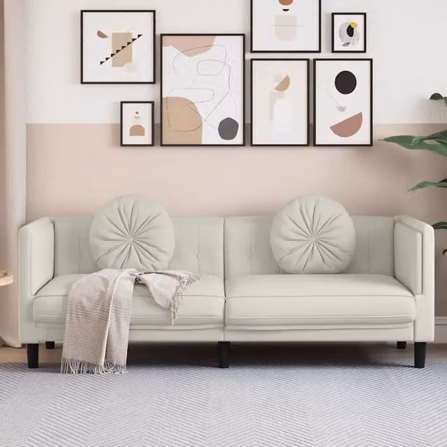 Divano a 3 Posti con Cuscini-Sofa 3 Posti con Cuscini Crema in Velluto