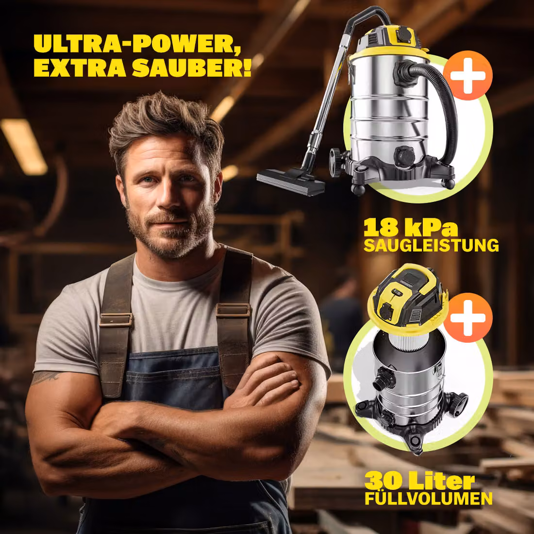 Aspirapolvere a umido e asciutto MONZANA 2200W con capacità 30L in acciaio inossidabile, colori argento, nero e giallo, L/P/H: 60 x 40 x 38 cm – 2