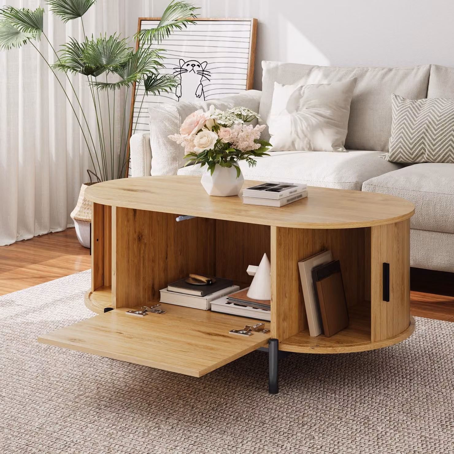 okwish Tavolino da salotto ovale con 2 ante scorrevoli in rattan Tavolino da divano Tavolino da salotto con vano portaoggetti Per soggiorno MDF naturale