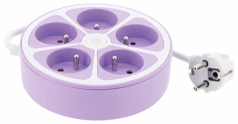 Ciabatta multipresa con 5 prese, design arrotondato, con interruttore, cavo da 1 metro, 3G1, colore viola