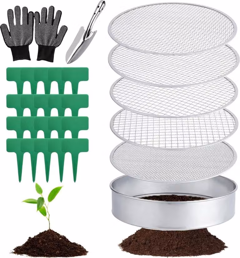 Setaccio da giardino da 30 cm, 5 in 1, con 5 inserti filtranti intercambiabili, in acciaio inossidabile, per compost