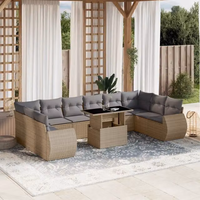 Set di Divani da Giardino a Forma di U vidaXL in Polyrattan con Cuscini Beige e Grigio e Tavolino da Esterno – 1
