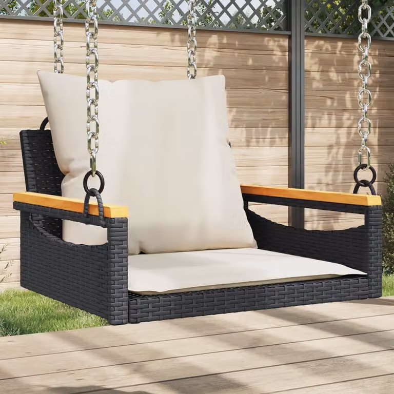 Panchina a dondolo vidaXL in rattan e legno di acacia oliato con cuscini, colore nero o bianco, L/P/H: 63 x 62 x 40 cm