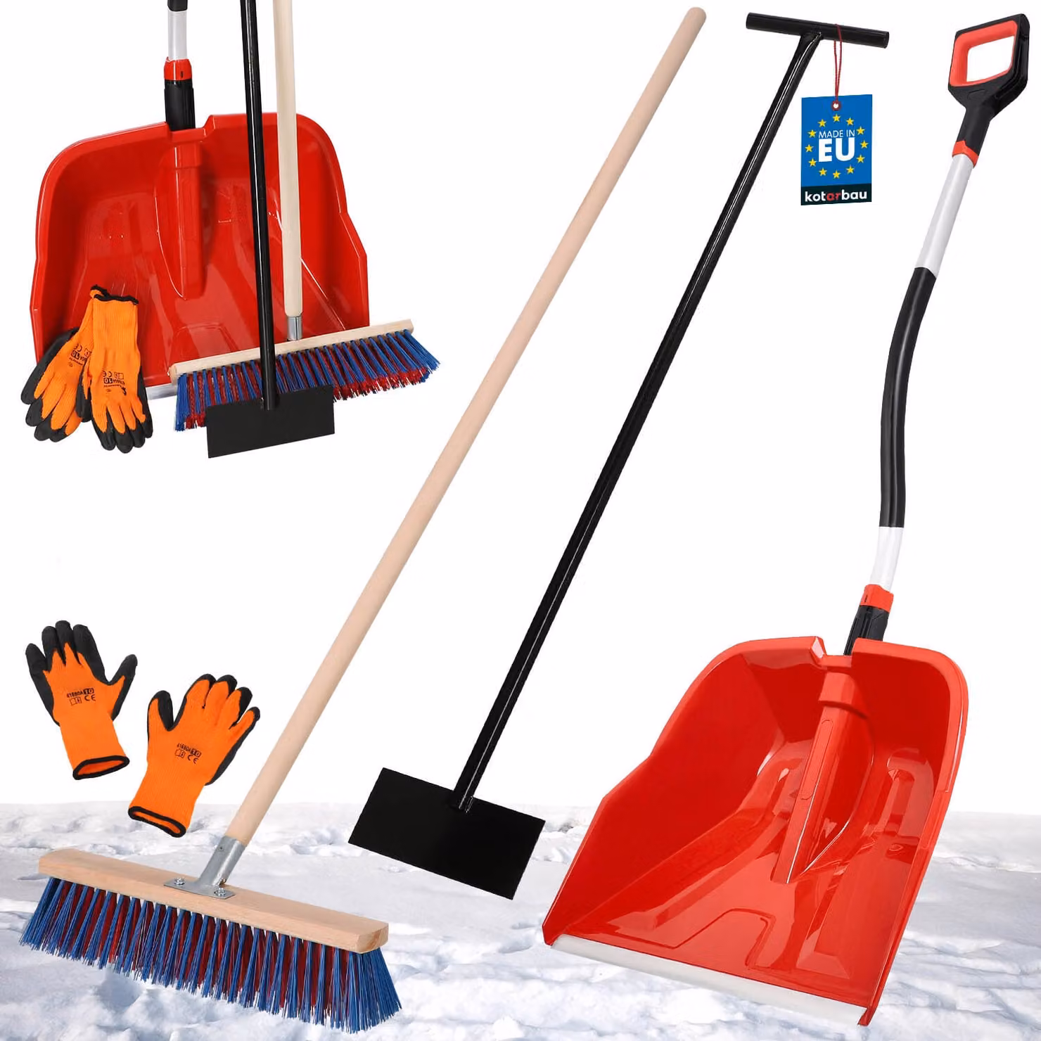 KOTARBAU® Set pala da neve con manico in alluminio 144 cm Scopa stradale con manico 150 cm Raschietto per ghiaccio 119 cm + guanti Pala da neve Spazzaneve Manico per rimozione neve