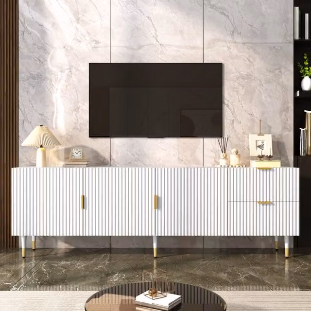 Desviae Mobile porta TV a tre ante con cassetti e ripiani in MDF e truciolare bianco con piedini regolabili 170 × 35,5 × 55 cm