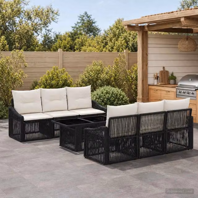 Set Divano da Giardino 7 pz Nero e Bianco Crema polyrattan 3437206