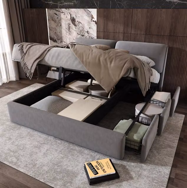 Letto 160x200 cm con vano contenitore idraulico e 3 cassetti in velluto grigio