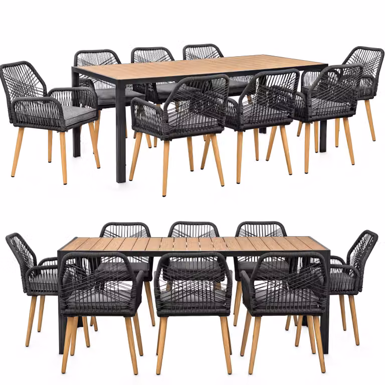 Gruppo da giardino con tavolo e 8 sedie - resistente alle intemperie - rete in corda - tavolo da pranzo in WPC - cuscini di seduta - gruppo da pranzo per esterni - antracite/legno
