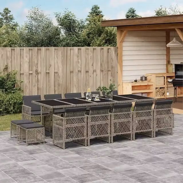 Set da Pranzo da Giardino 15 pz con Cuscini Grigio Polyrattan 3210812