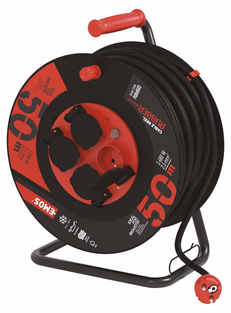 EMOS Cavo di prolunga per esterni su tamburo 50 m / 4 pz. / nero / gomma-neoprene / 230V / 2,5 mm2, P084503