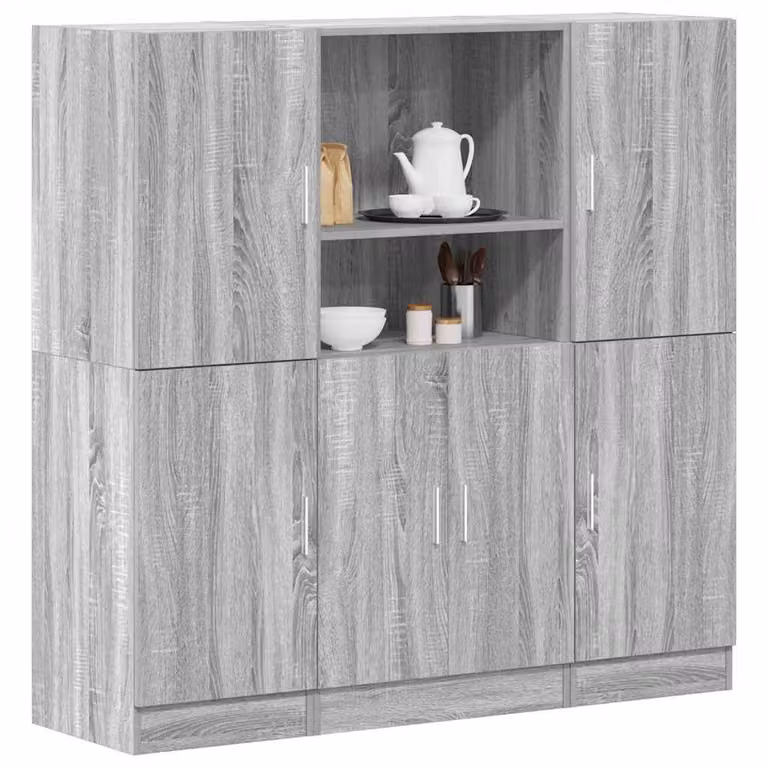 Set di mobili da cucina moderno vidaXL in 3 pezzi colore grigio, realizzato in MDF e materiale composito con ante a battente e ripiani interni