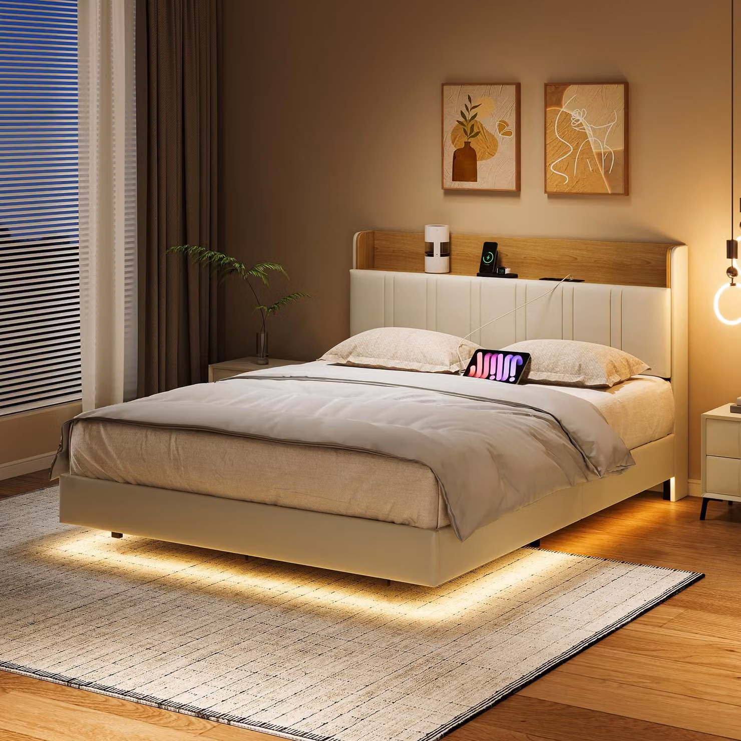 Letto imbottito 140x190 con luce LED USB, letto matrimoniale Letto galleggiante con testata contenitore, letto contenitore Letto giovanile Struttura letto con rete e rete a doghe