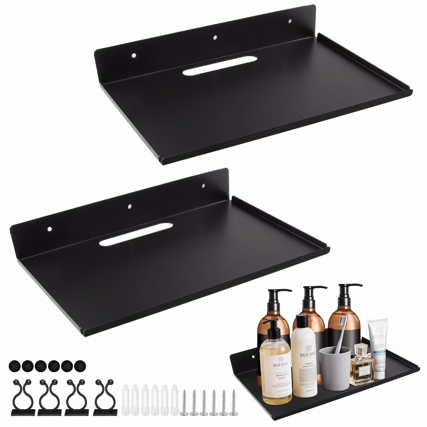 Omgoods - Set di 2 mensole da parete - Nero, senza foratura, mensola in metallo da 30 cm per soggiorno, cucina, bagno, camera da letto